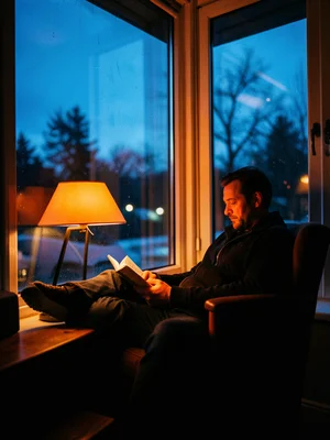 A man reading in a window seat, warm orange reading lamp against the cold blue t