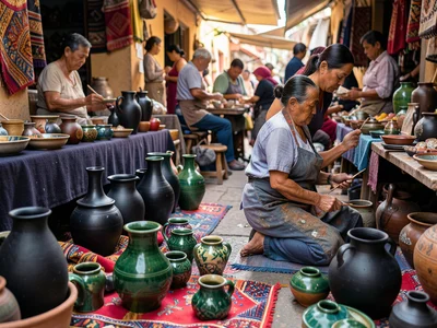 A pottery market in Oaxaca, black clay and green-glazed pieces displayed on blan