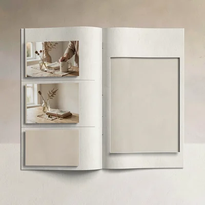 Two-page photobook spread with three small images stacked left and one large fra