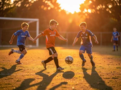 Children playing soccer in evening light