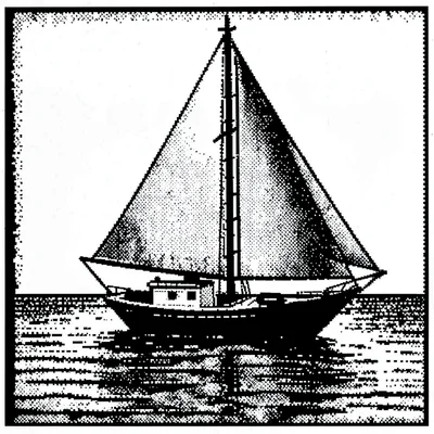 1-bit dithered illustration, sailboat on water , black and white only, dither pa