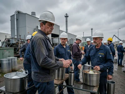 Factory workers during shift change under overcast sky, their faces tired and re