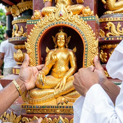 Lanna temple detail, Chiang Mai sacred ornament, gold leaf applied to sacred fig