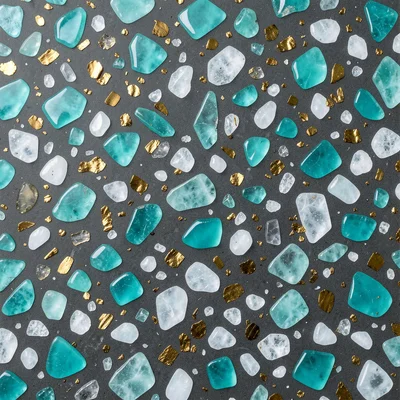Modern resin terrazzo: large turquoise glass chips, brass flakes, and white quar