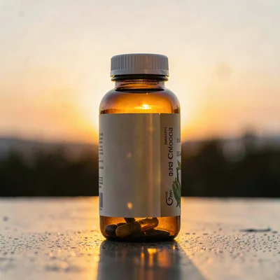 Warm vertical of a tall amber vitamin bottle backlit by a setting sun