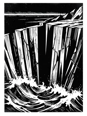 Cliff face with crashing waves below, vertical gouge marks suggest danger