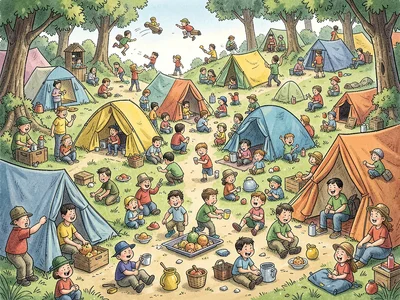 Busy camping scene activities