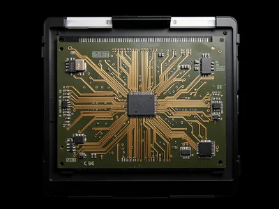 Old printed circuit board placed face-down on scanner, copper traces and solder 