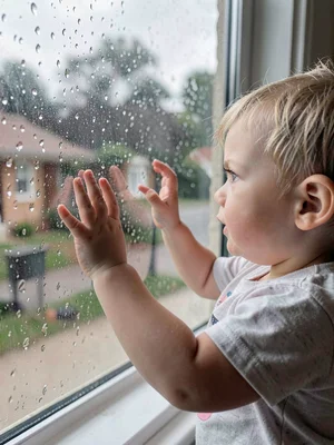 Toddler pressing palms against rain-streaked window, soft grey light wrapping ar