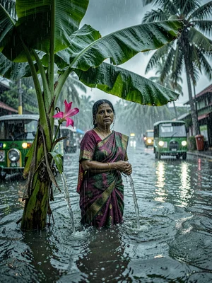 Woman in Sari Under Banana Plant in Rain
