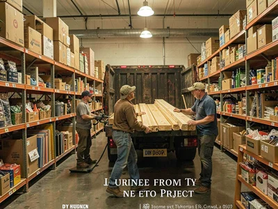 Loading lumber into truck bed, staff helping, the journey from store to project