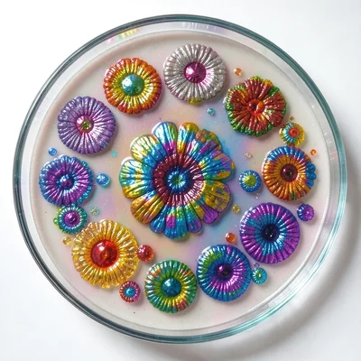 Bacterial colony forming iridescent pattern on agar plate, metallic sheen on gel