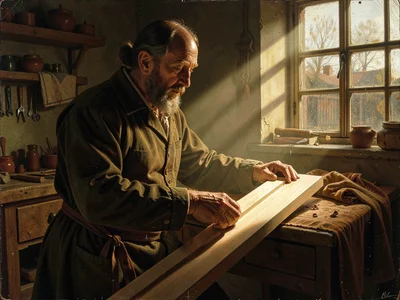Old carpenter steadying a planed board, workshop window light falling in a singl