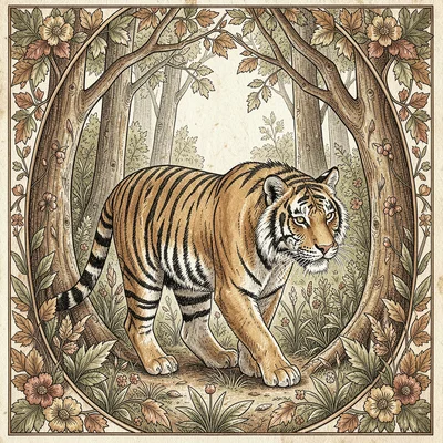 Kalamkari pen illustration, a tiger walking through forest undergrowth , hand-dr