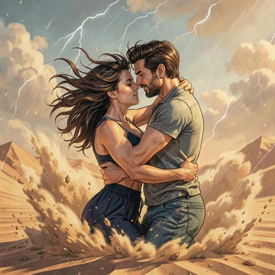 Lovers caught in desert sandstorm