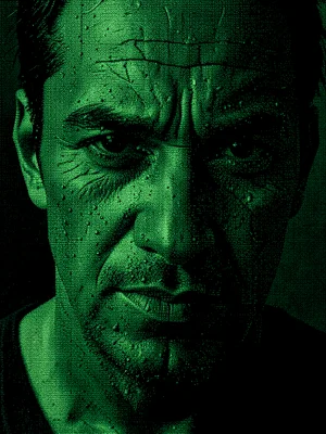 A close-up portrait of a weathered human face in dense ASCII characters, eyebrow