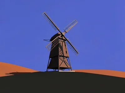 Idle steel windmill stands lonely on a copper-red plateau under a vast lapis sky
