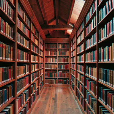 Anaglyphic stereo 3D photograph, Library stacks stretching into distance, books 