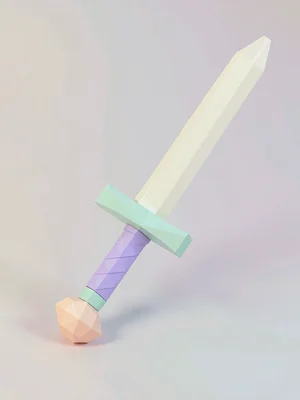 Long faceted cream lowpoly sword with a mint cross-guard, lavender hilt, and tri