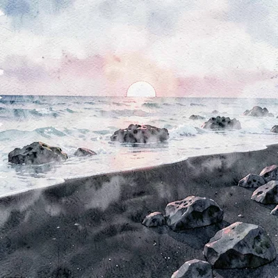 Black-sand beach with scattered volcanic stones, soft mist drifting low, faint p