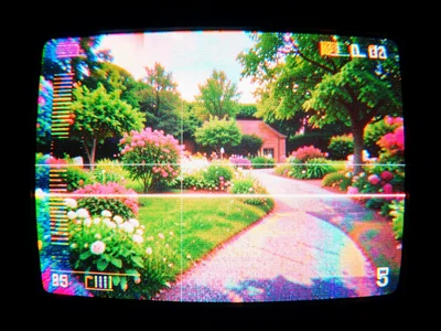 Tape-worn recording of spring garden tour, oversaturated greens and pinks
