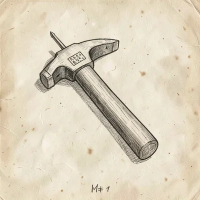 Pen-and-ink illustration of a roofing hammer with a magnetic nail tip and waffle
