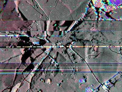 Satellite image with scan line offset corruption, horizontal bands displaced cre