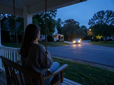 A mother on a porch swing during blue hour, watching the road, her adult child's