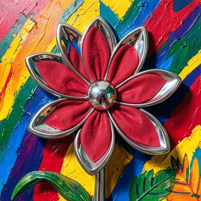 Metal flower with fabric texture, chrome but clearly soft and bendable