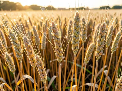 Morning dew on wheat heads catching light