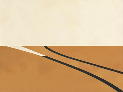 Tarmac strip splits an ochre desert under a vast cream sky, hard charcoal shadow