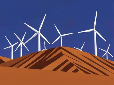 Distant white turbines scatter like flat icons across a rust-orange high desert 
