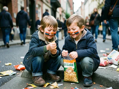 Two kids with tricolour face paint sharing a bag of chips on a kerb, tired and h