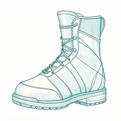 Detail drawing of a ski boot shell and liner in fine ivory hatching on cyan, hai