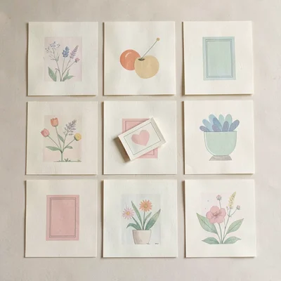 Overhead 3x3 grid of nine pastel chart cards on cream paper, one tile lifted wit