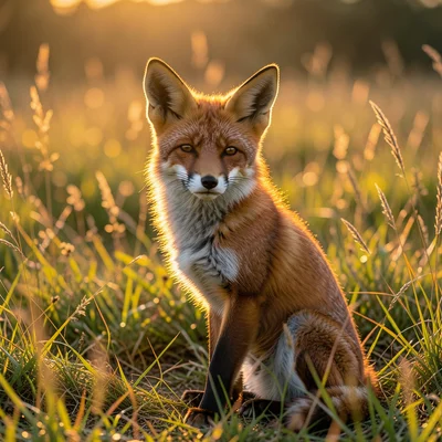 Fox sitting alert in tall grass at golden hour, backlit fur glowing