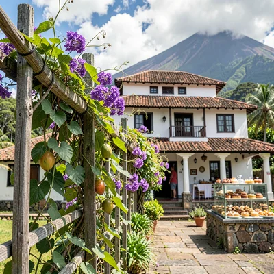 French Caribbean fusion in Guadeloupe, Passion fruit vine on wooden trellis, pur