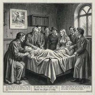 A deathbed scene with weeping family