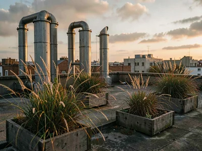 Wild grasses sway between vent stacks and overturned planters as evening amber l