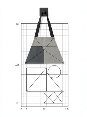 Workshop apron hanging on square peg, fold lines forming triangle and rectangle 