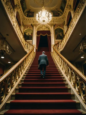 A grand staircase in a theater, red carpet, gold railings, a figure ascending, s