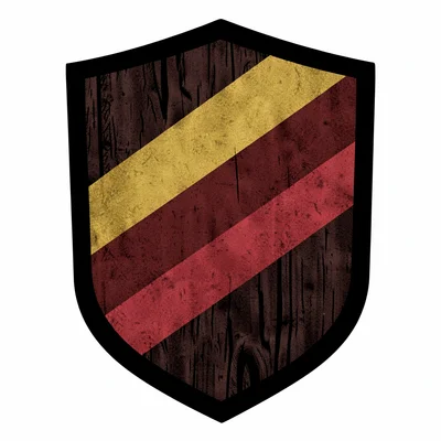 graphic bold silhouette of a wooden-shield with three diagonal stripes in mustar