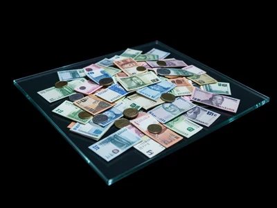 A pile of foreign currency bills and coins from different countries overlapping 