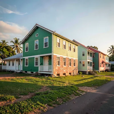 Chattel house colors in Barbados afternoon light, Green chattel house row, diffe