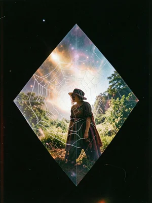 Person in costume double-exposed with spider web pattern