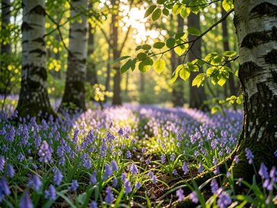 Sunlight filtering through a canopy of fresh spring beech leaves, forest floor c