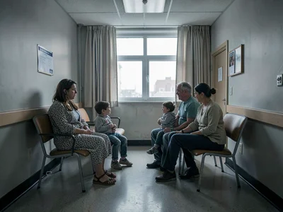 Family in hospital waiting room, grey light revealing hope and fear without pref