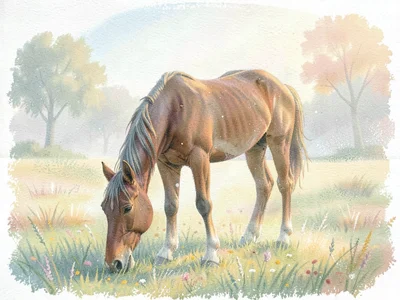 Horse grazing in foggy meadow