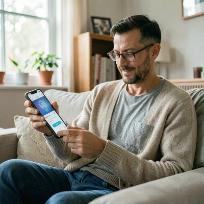 Documentary photography, unposed moment, Patient using telehealth app on phone, 