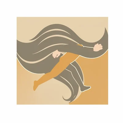 Block-color square of a hand running through a stylized hair flow, taupe and och